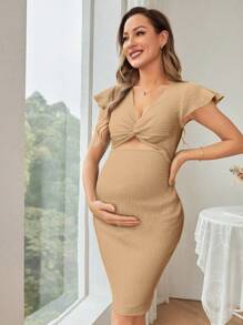 SHEIN Maternity City Casual Ombre Ruffle Sleeve V-Neck Knee-Length Fitted Pregnant Woman Dress, Summer