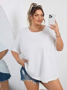 SHEIN CURVE+ 3 st/set Plus Size Sommar Loose Fit Rund Halsringning Mångsidiga Kortärmade T-shirts i Vitt, Svart och Grått, Curve Plus, Boho Vacation
