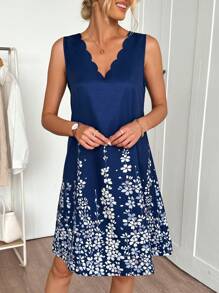 EMERY ROSE Women's Shell Trim Burn-Out V-Neck Flounce Hem Print Mini Dress, Suitable For Spring/Summer Holiday - Blue - View 3