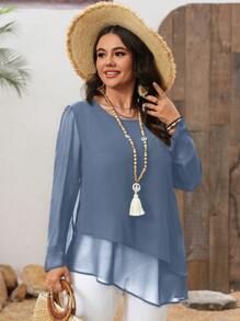 EMERY ROSE Plus Size Women Solid Color Long Sleeve Asymmetrical Hem Blouse - Baby Blue - View 5