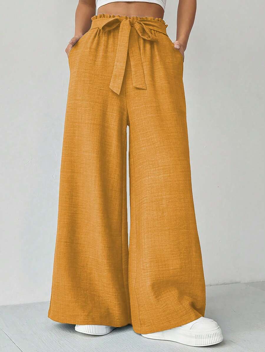 SHEIN Unity 女士纯色长裤，时尚，适合夏季 - 黃色 - 查看 1