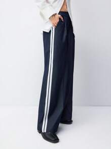 LYSMO 2025 New Arrivel Summer Side-Striped Denim Effect Straight-Leg Wide Pants - Navy Blue - View 4