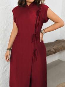 SHEIN Clasi Plus Size Women's Elegant Casual Commute Vacation New Chinese Style Asymmetrical Strap Long Blouse And Long Pants Set, Spring/Summer - Burgundy - View 3