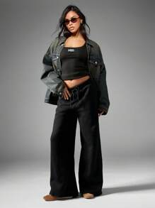 MISSGUIDED Leopard Star Print Wide Leg Athletic Joggers Palazzo Style Loungewear Yoga Dance Pants Comfortable Elasticized Waistband Holiday Winter Workout Bottoms - Black - View 6