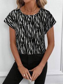 SHEIN Clasi 几何印花圆领宽松女士衬衫商务休闲女式休闲上衣女士教师夏季春季女士 - 黑色 - 查看 5