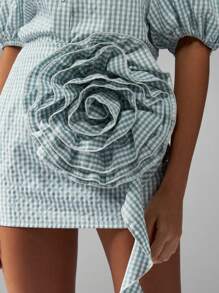 MISSGUIDED Puff Sleeve Gingham Check Summer Coordinates Set With 3D Floral Detail Mini Skirt Two Piece Outfit Spring Holiday Resort Wear Vacation Casual Set