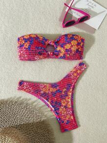 SHEIN Swim Women's Beach Summer Swimsuits Set, Random Print, Licensed Version - Hot Pink - View 1