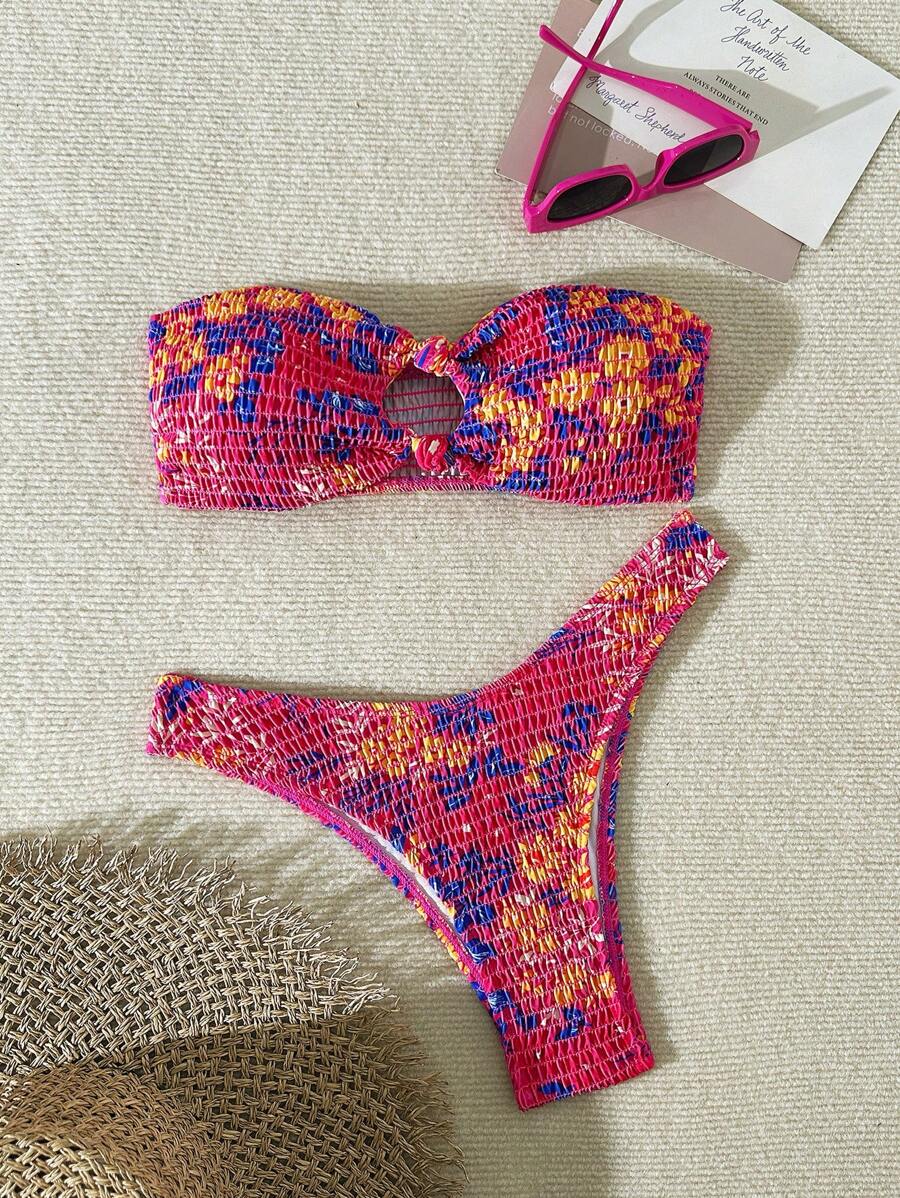 SHEIN Swim Women's Beach Summer Swimsuits Set, Random Print, Licensed Version - Hot Pink - View 1