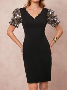 SHEIN Clasi 婚礼宾客礼服女款，贝壳 V 领拼接闪亮珠绣短袖腰包臀短裙 - 黑色 - 查看 1