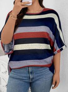 SHEIN LUNE 大码女式条纹圆领落肩休闲宽松 T 恤