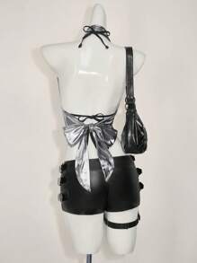 SHEIN ICON Áo không tay hở lưng cổ xếp nếp gợi cảm bằng kim loại cho nữ, trang phục đi nghỉ Boho mùa hè, trang phục đi nghỉ thanh lịch, váy dự tiệc cưới giản dị cho nữ, áo Rave - Bạc - Xem 2