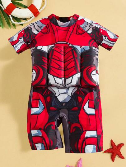 SHEIN Young Boys Cute Cartoon Superhero Print Pattern Buoyancy One-Piece Swimsuit Suitable For Beach Swimming, Surfing, Vacation In Spring And Summer