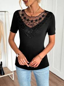 EMERY ROSE Women Patchwork Embroidery Mesh Round Neck Short Sleeve T-Shirt - Black - View 4