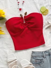 Soleia Women's Wine Red Jacquard Textured Fabric Bandeau Cropped Top With Asymmetrical U-Shaped Buckle Ruched Design, Fitted Silhouette, Suitable For Party, Valentine's Day, Date, Afternoon Tea, Urban Street & Holiday