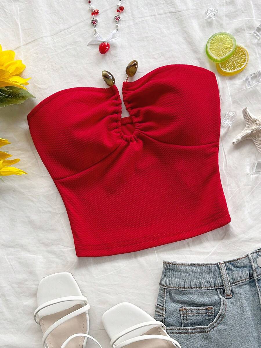 Soleia Women's Wine Red Jacquard Textured Fabric Bandeau Cropped Top With Asymmetrical U-Shaped Buckle Ruched Design, Fitted Silhouette, Suitable For Party, Valentine's Day, Date, Afternoon Tea, Urban Street & Holiday