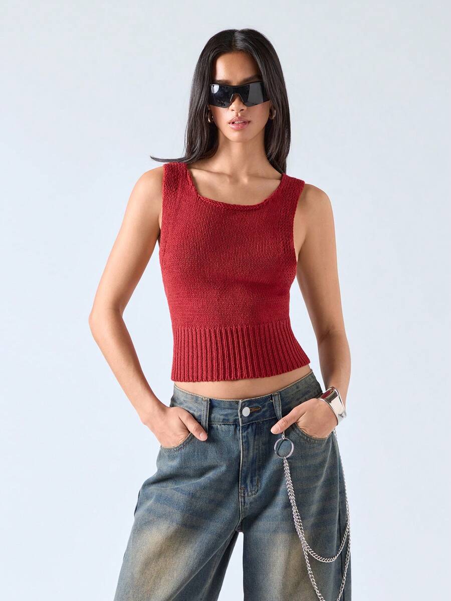 LYSMO 2025 New Arrival Summer Knit Cross-Back Top With Backless Design, For Everyday Wear - Red - View 1