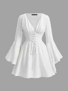 SHEIN MOD 礼服 带袖舞会礼服 女士喇叭袖腰系带连衣裙 - 白色 - 查看 1
