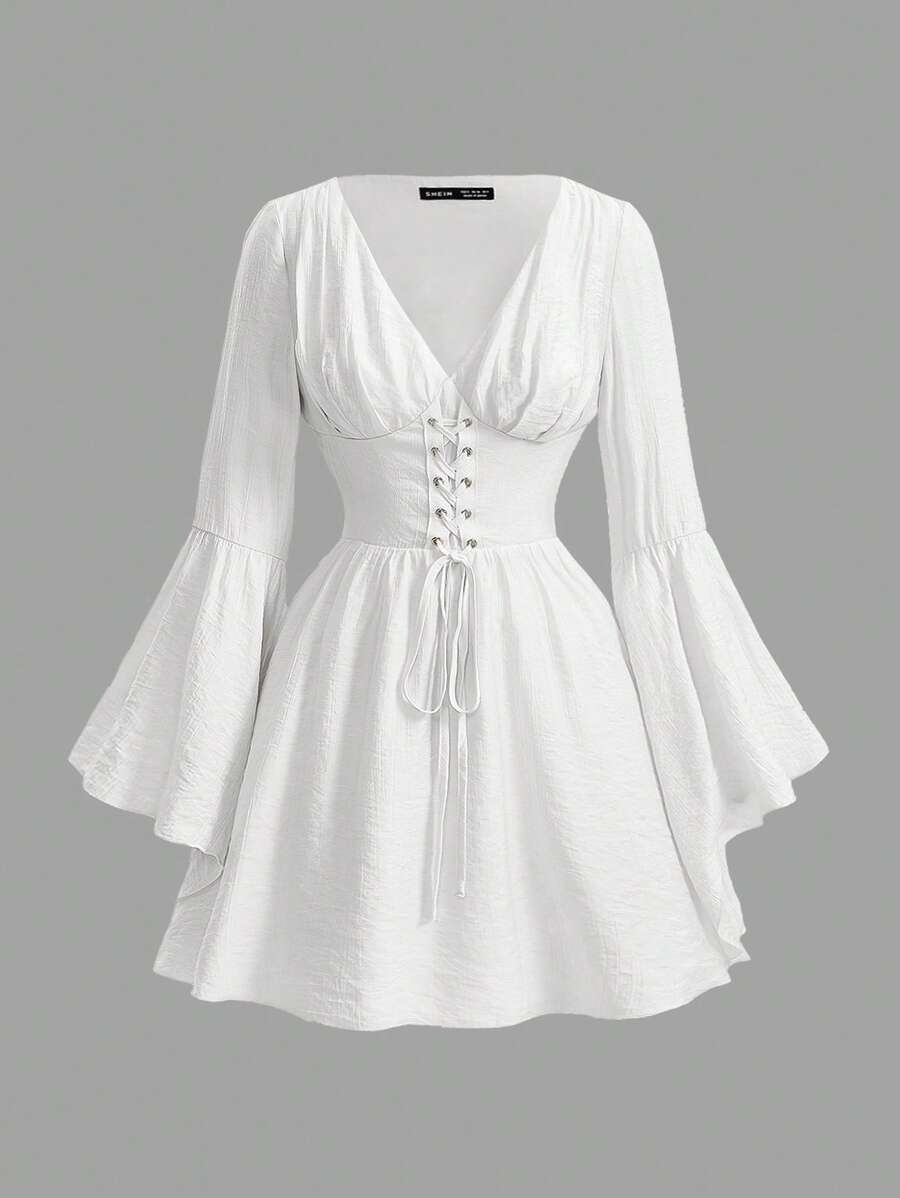 SHEIN MOD 礼服 带袖舞会礼服 女士喇叭袖腰系带连衣裙 - 白色 - 查看 1