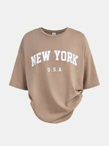 SHEIN Girlism 2pcs Set Tween Girls Casual Minimalist Letter Print Loose Short Sleeve T-Shirt And Flared Pants Graduation Outfit