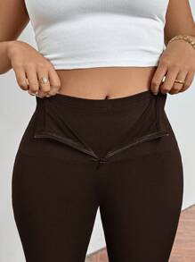 SHEIN Privé Plus Size Lente/Zomer/Herfst Elegant Casual Dagelijks Woon-werkverkeer Sport Hoge Taille Met Zak Rits Leggings Zwarte Flares Broek