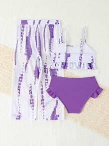 3pcs Young Girl Swimwear Set, Printed Design, Separated - Purple - View 2