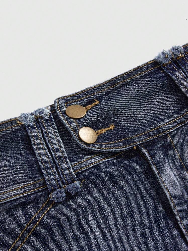 ROMWE Fairycore Women's Embroidered Decor Simple Daily Denim Skirt