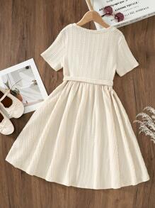SHEIN Tween Girl Solid Color Knitted Round Neck Bow Decor Textured Waist Fitted Short Sleeve Elegant Dress, Casual Wear, Back To School, Lady Style - Beige - View 2