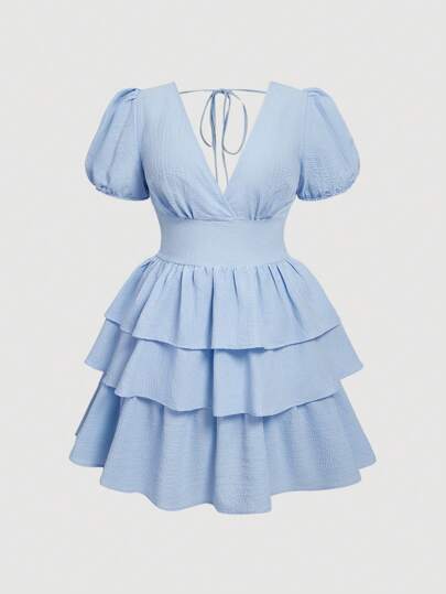 SHEIN MOD 浅蓝色泡泡袖 V 领蛋糕连衣裙，加大码