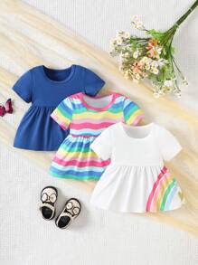 SHEIN 3pcs/Set Baby Rainbow Pattern Casual Round Neck Short Sleeve T-Shirt, Summer - Multicolor - View 1