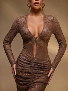 Hauture 女士镂空简约长袖连衣裙，适合夏季 - 棕色 - 查看 5