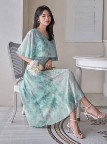 DAZY Solid Color V-Neck Mid-Length Shiny Dress For Women