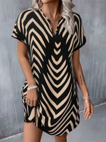 SHEIN LUNE Women Casual Abstract Print Short Sleeve Mini Dress, Daily Basic Outfit For Spring & Summer