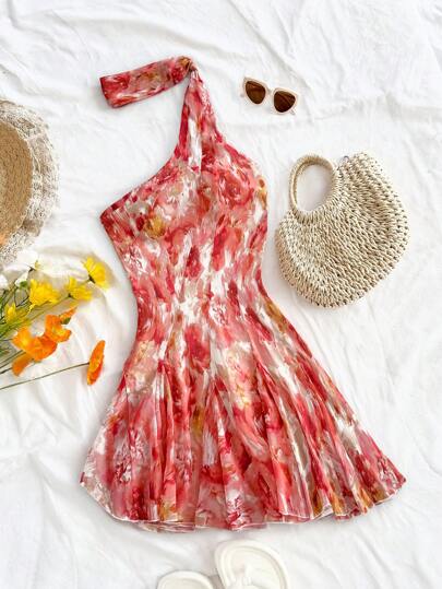 Soleia 度假女士浪漫花卉印花吊带露背腰部荷叶边不对称下摆性感迷你连衣裙