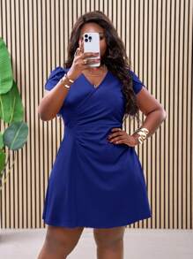 Slaydiva Plus Size Indigo Blue V-Neck Tulip Sleeve Ruched Waist A-Line Midi Dress, Spring/Summer Light Vacation - Blue - View 4