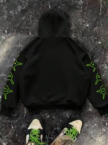 Manfinity EMRG Men's Letter Print Long Sleeve Drawstring Hooded Sweatshirt - Black - View 2