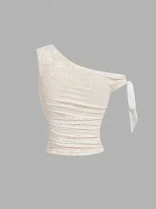 SHEIN MOD 女士花卉蕾丝不对称肩部上衣，适合音乐节、度假、音乐节、波西米亚风、下午茶、暑假、假日、海滩、嘉年华服装、春季 - 杏色 - 查看 2