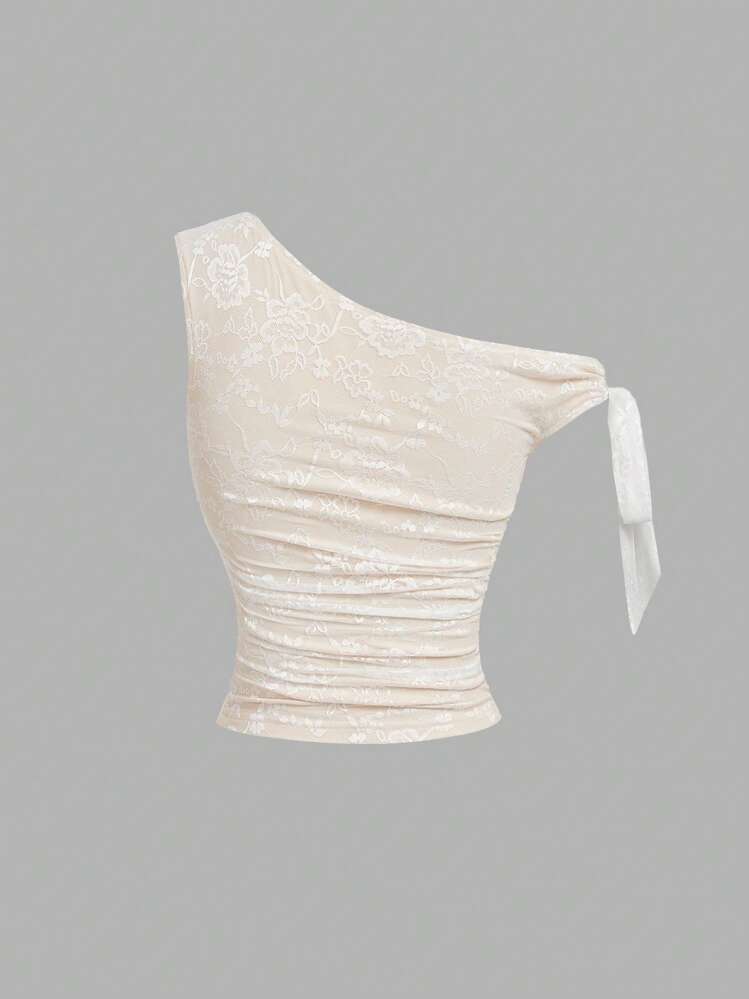 SHEIN MOD Women's Floral Lace Asymmetric Shoulder Blouse,Music Festivals,Suitable For Vacation, Music Festival, Boho, Afternoon Tea, Summer Vacation Outfits,Holiday ,Beach Outfits,Carnival Costume,Spring Outfit - Apricot - View 2