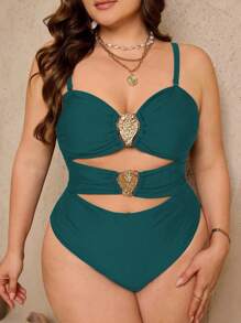 SHEIN Swim Curve Plus Size Women Solid Color Backless Sexy Sling One Piece Swimsuit - Dark Green - View 5