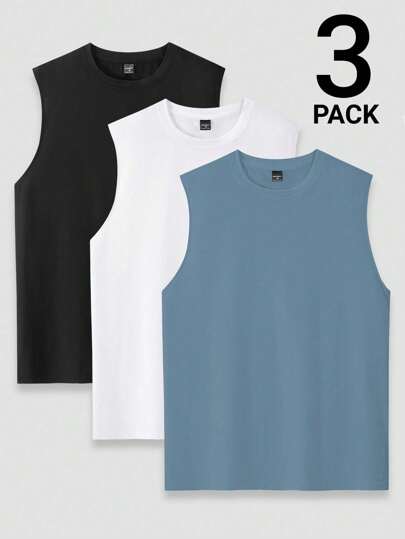 Manfinity Homme 3pcs Men's Summer Solid Color Round Neck Casual Tank Top
