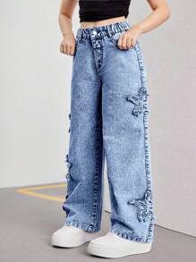 SHEIN Streecool Kids Tween Girls New Y2K Style Pink Patch Star Embroidered Loose Denim Flare Pants, Street Casual Versatile Fashion Piece, Chic Girls Must-Have Summer Holiday