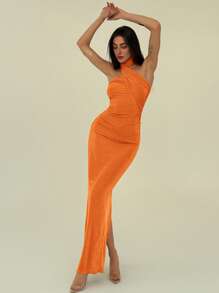 Aloruh Elegant One Shoulder Ruffle Design Slimming Pleated Sparkly Long Straight Evening Dress,Summer Dresses For Women - Orange - View 3