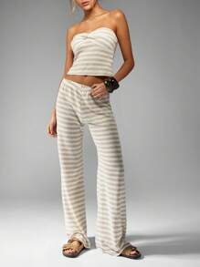 MISSGUIDED 条纹针织Co-Ord套装Bandeau上衣阔腿裤Resort Wear Vacation夏季沙滩装家居服套装休闲两件套搭配套装 - 杏色 - 查看 6