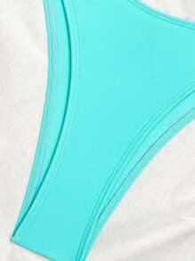 New Spring Break Solid Color Pleated Thick Strap Metal Starfish High Cut Women Beach Outfit Bikini Set - Baby Blue - View 3