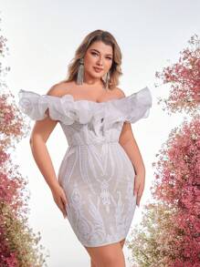 Glamrae Robe de cocktail ajustée en organza avec volants, décolleté en V, épaules dénudées, ornée de sequins, pour fête ou mariage, grande taille, élégante et romantique - Blanc - Voir 5
