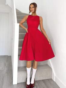 SHEIN Essnce Backless Red Midi Dress Summer Wedding Guest Elegant Brunch Lunch Dress Vintage Style - Red - View 1
