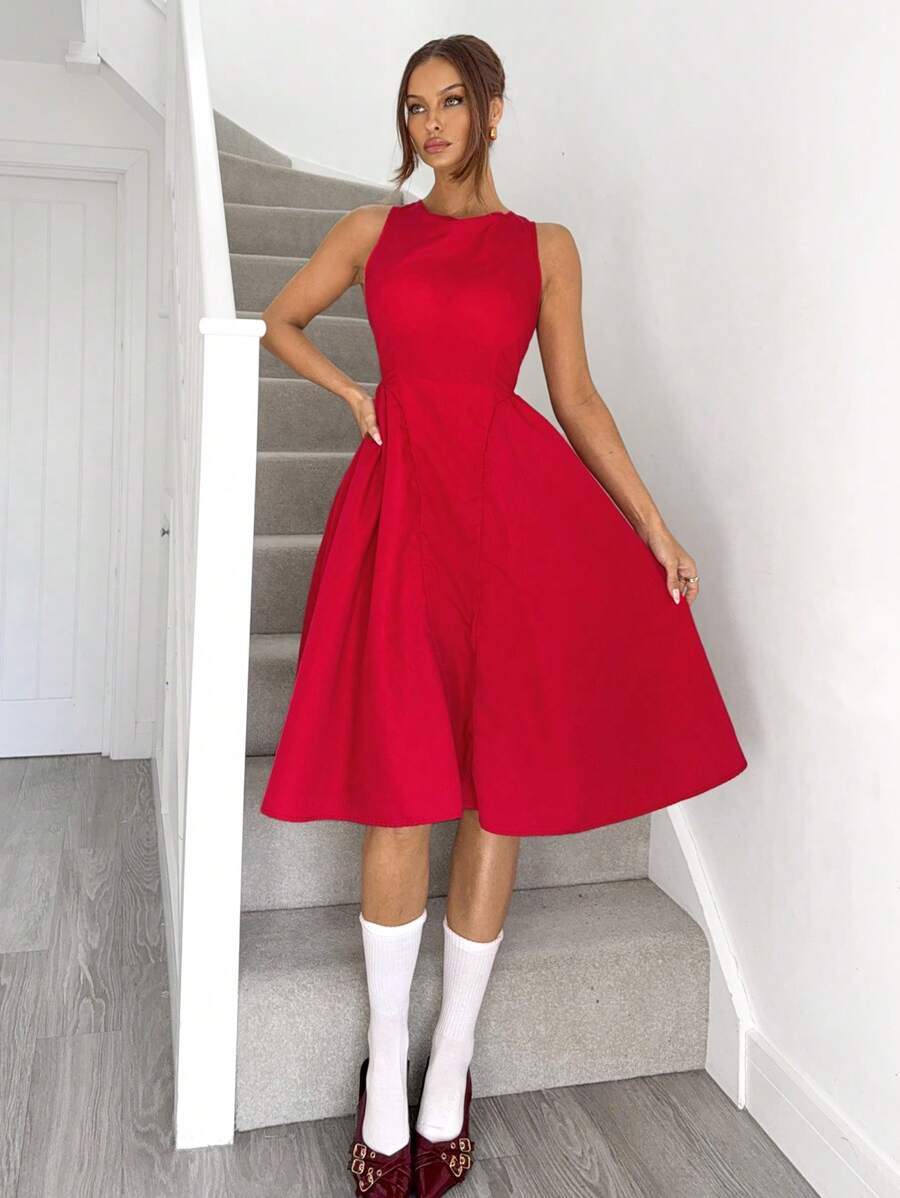 SHEIN Essnce Backless Red Midi Dress Summer Wedding Guest Elegant Brunch Lunch Dress Vintage Style - Red - View 1