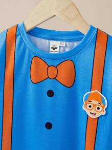 Blippi X SHEIN Maglietta larga da ragazzo con stampa grafica, papillon staccabile, bretelle e spille a tema cartoni animati