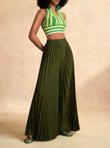 Zivah Elegant Elastic Waist Dark Green Pleated Large-Footed Extra-Long Wide-Leg Pants For Women Pleated Pantsshein Tall Pantsgreen Pantsflare Pants For Women,Business Casual Woman - Army Green - View 7