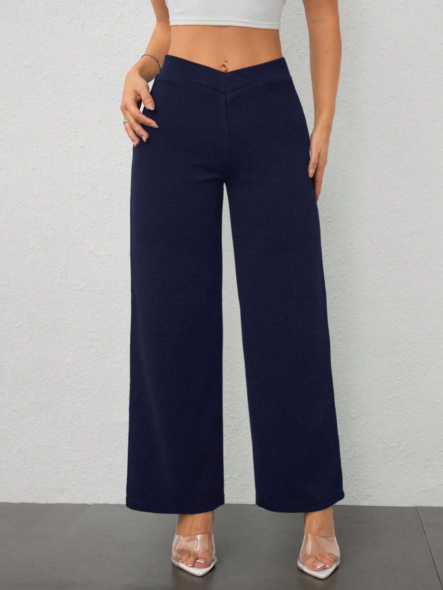 SHEIN PETITE 女士休闲优雅腰部交叉剪裁直筒裤 - 藏蓝色 - 查看 1