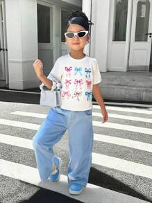 SHEIN 2pcs/Set Young Girl Casual Round Neck T-Shirt & Long Pants, Minimalist & Fashion, Suitable For Summer - Multicolor - View 1